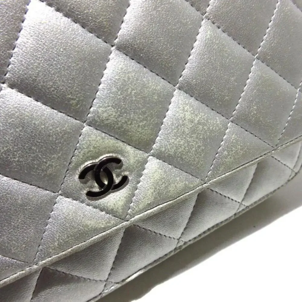 CHANEL Lambskin Quilted Wallet On Chain WOC Silver 15*